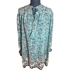 Natural Life Women Teal Floral Boho Tunic Dress Tie Neck Tassels Size L